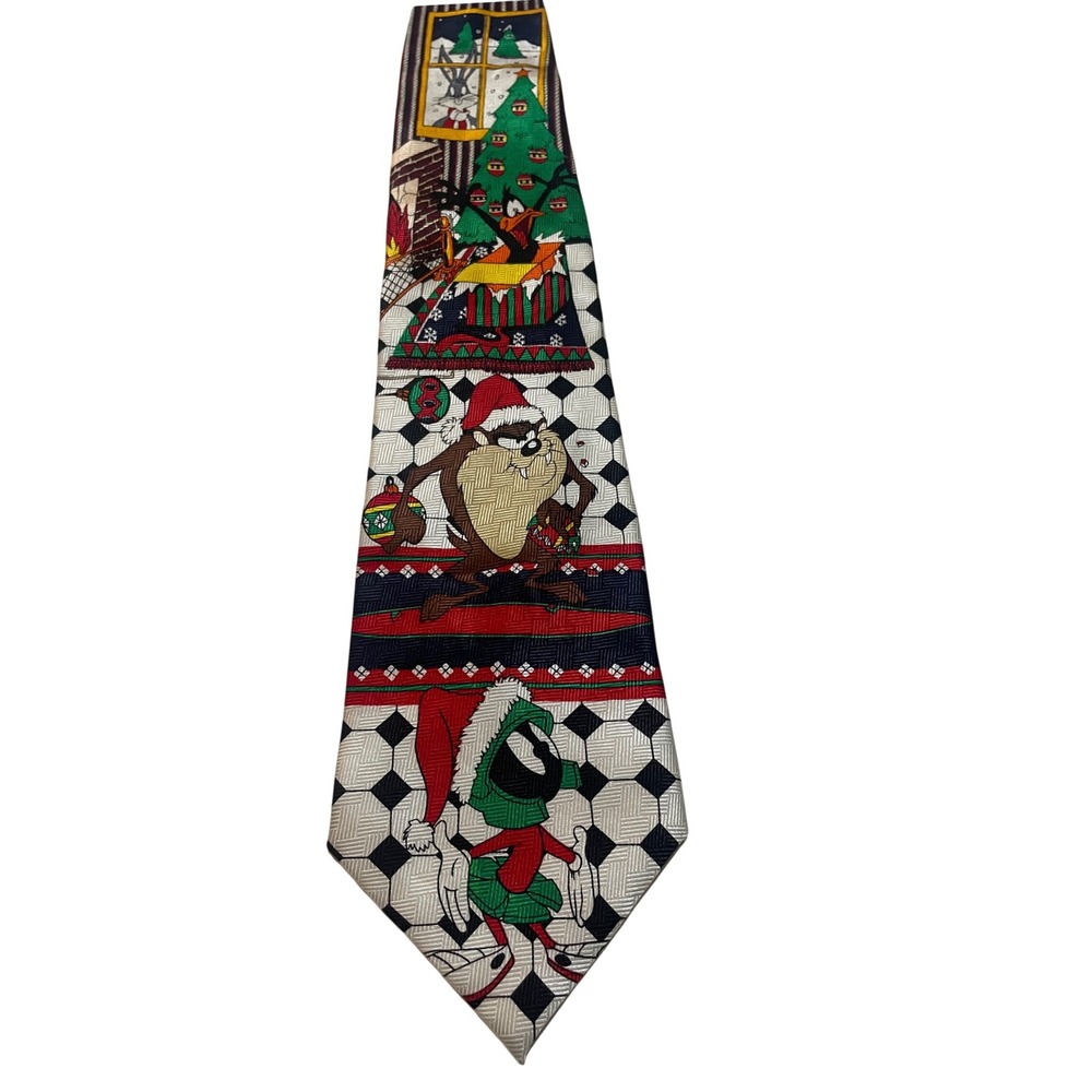 Looney Tunes Tie Sz OS Christmas Holiday Silk Vintage 1996 Bugs Daffy Taz Marvin